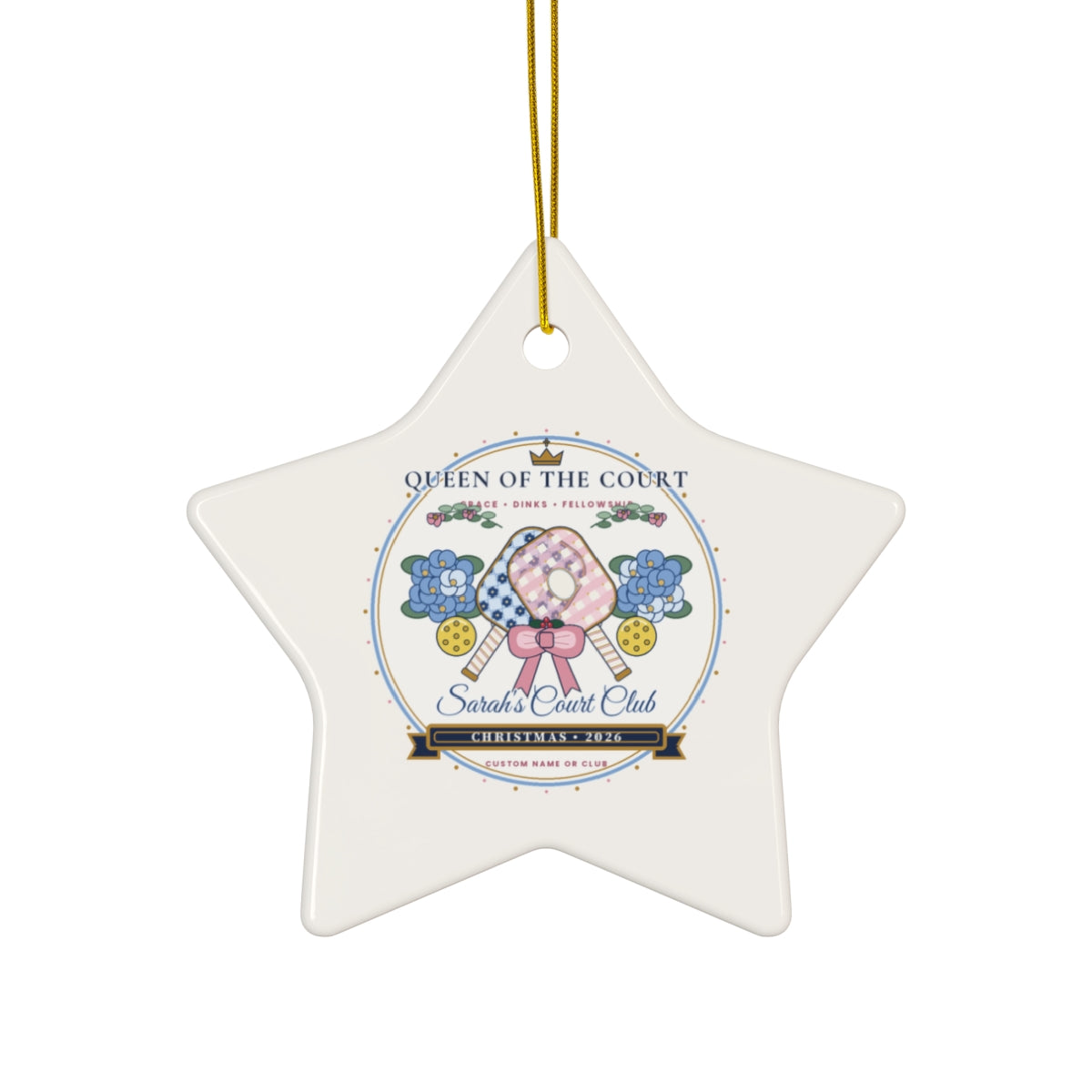Personalized Queen of the Court 2026 Chinoiserie Pickleball Ceramic Christmas Ornament Star Front