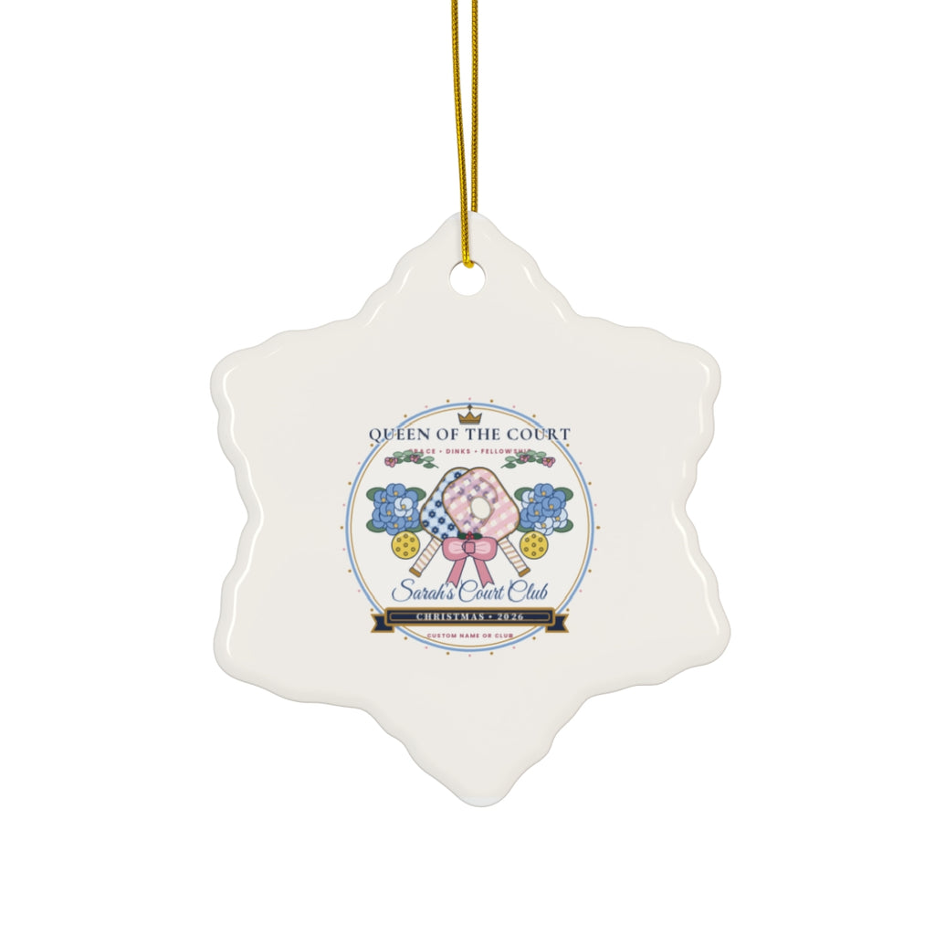 Personalized Queen of the Court 2026 Chinoiserie Pickleball Ceramic Christmas Ornament Snowflake Front