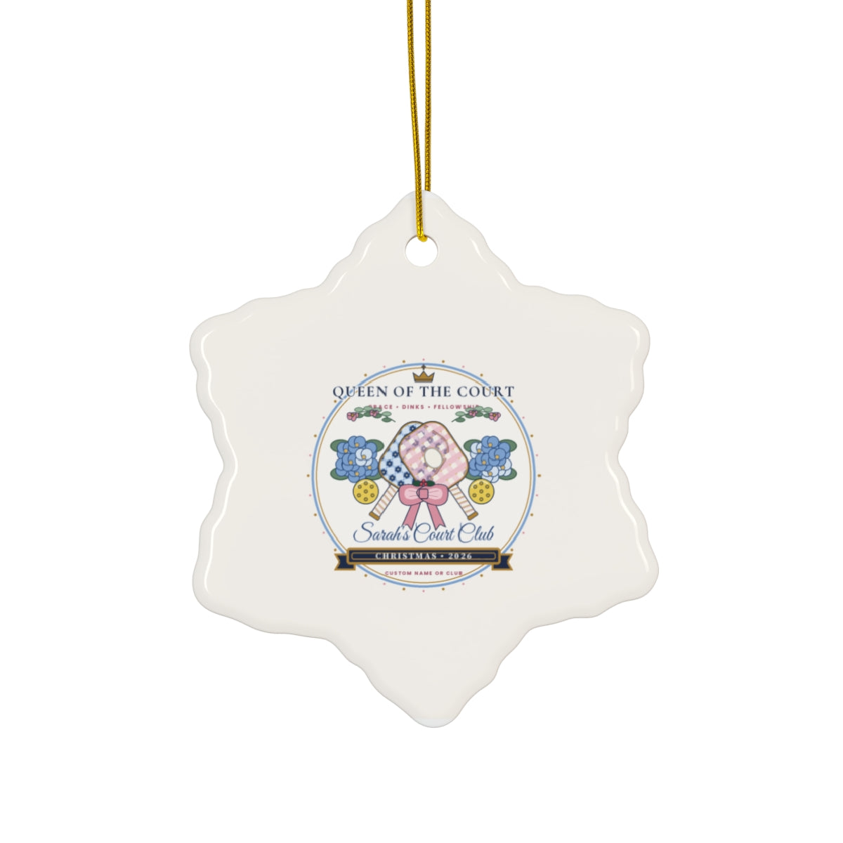 Personalized Queen of the Court 2026 Chinoiserie Pickleball Ceramic Christmas Ornament Snowflake Front