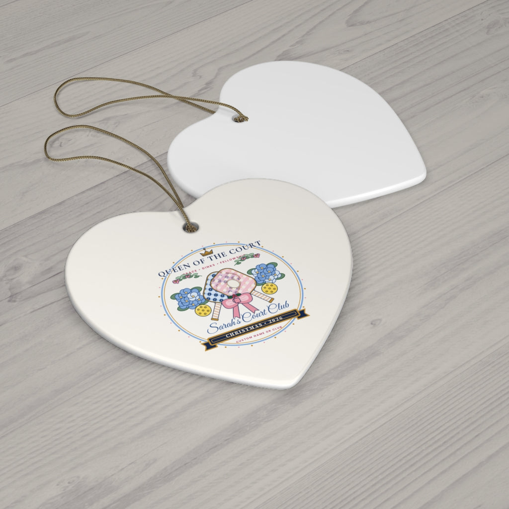 Personalized Queen of the Court 2026 Chinoiserie Pickleball Ceramic Ornament Heart Wood Flat-Lay