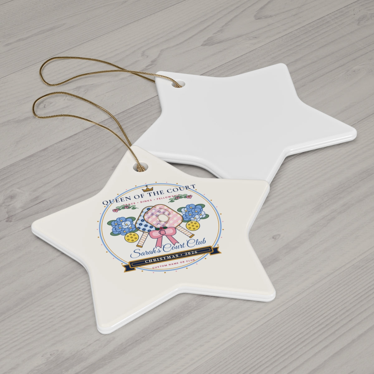 Personalized Queen of the Court 2026 Chinoiserie Pickleball Ceramic Ornament Star Wood Flat-Lay