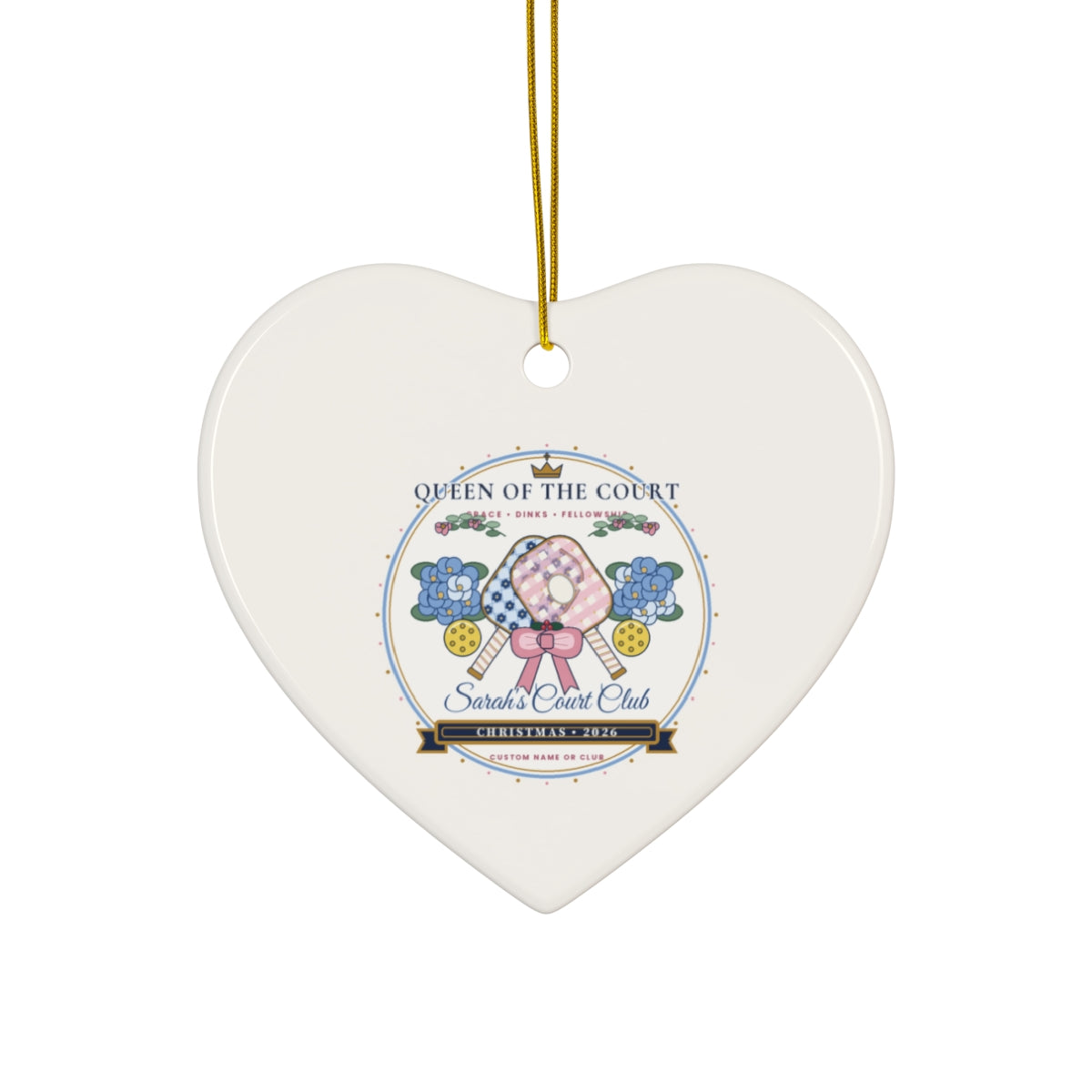 Personalized Queen of the Court 2026 Chinoiserie Pickleball Ceramic Christmas Ornament Heart Front