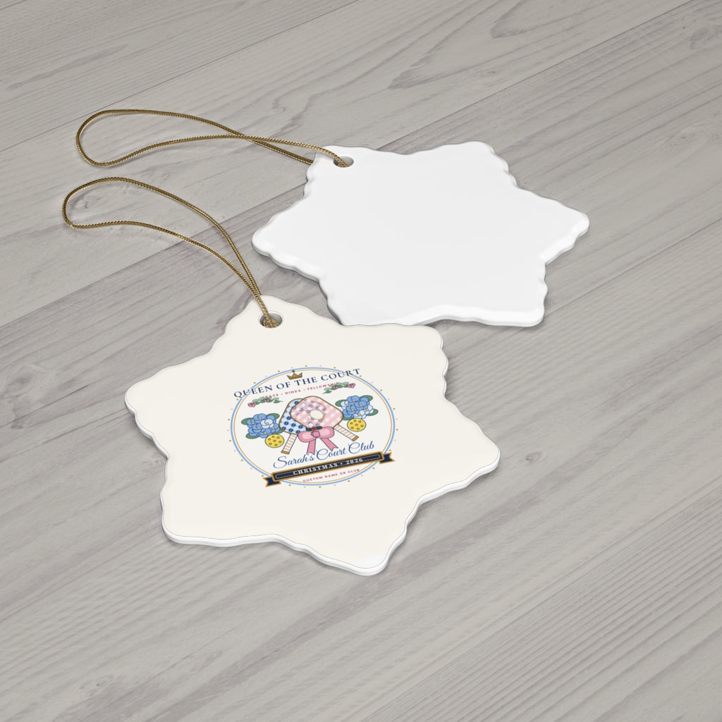 Personalized Queen of the Court 2026 Chinoiserie Pickleball Ceramic Ornament Snowflake Wood Flat-Lay