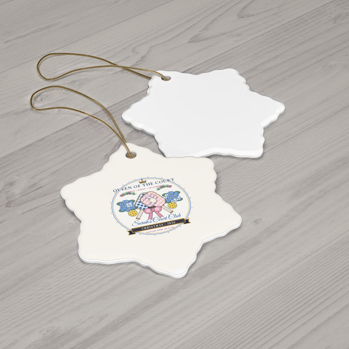 Personalized Queen of the Court 2026 Chinoiserie Pickleball Ceramic Ornament Snowflake Wood Flat-Lay