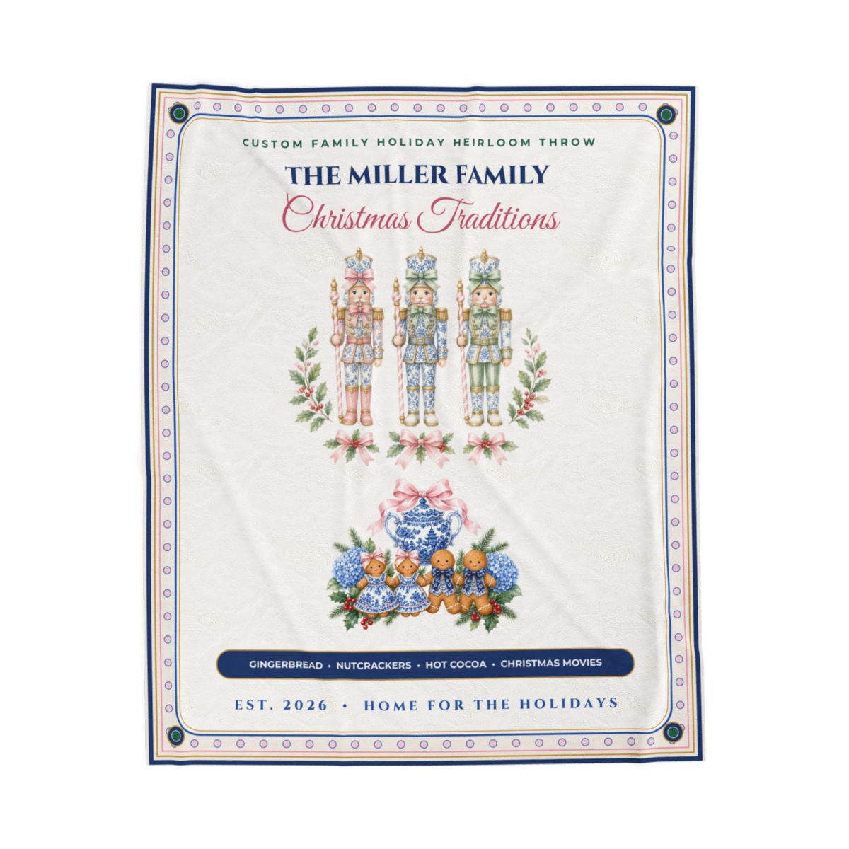 Personalized The Family Name Family Christmas Gingerbread Nutcracker & Chinoiserie Bow Plush Throw (50x60)