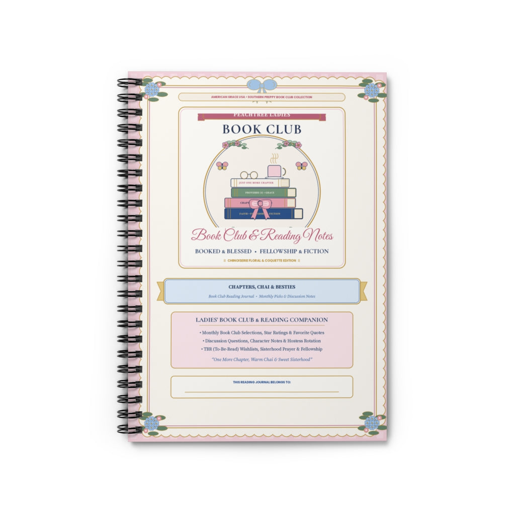 Personalized Book Club & Reading Notes Journal — Chinoiserie Floral & Coquette Bow Hardcover Spiral Notebook Front Cover