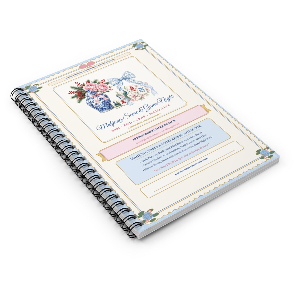 Personalized Mahjong Score & Game Night Journal — Perspective Tabletop Hardcover Notebook View