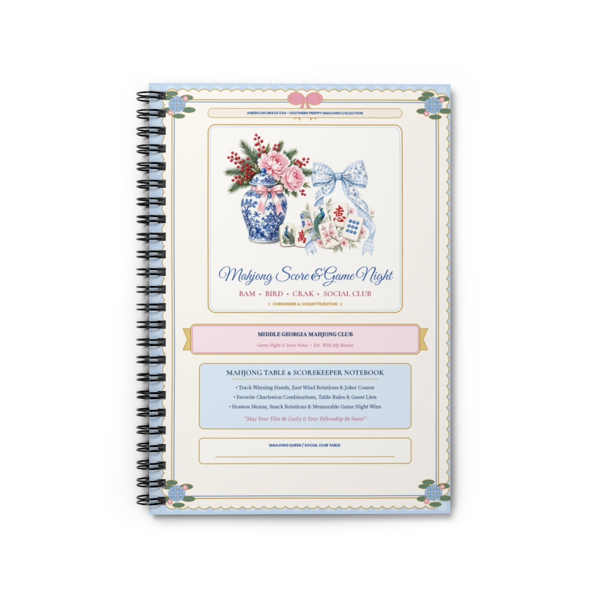 Personalized Mahjong Score & Game Night Journal — Blue and White Chinoiserie Ginger Jar & Coquette Bow Hardcover Spiral Notebook Front Cover