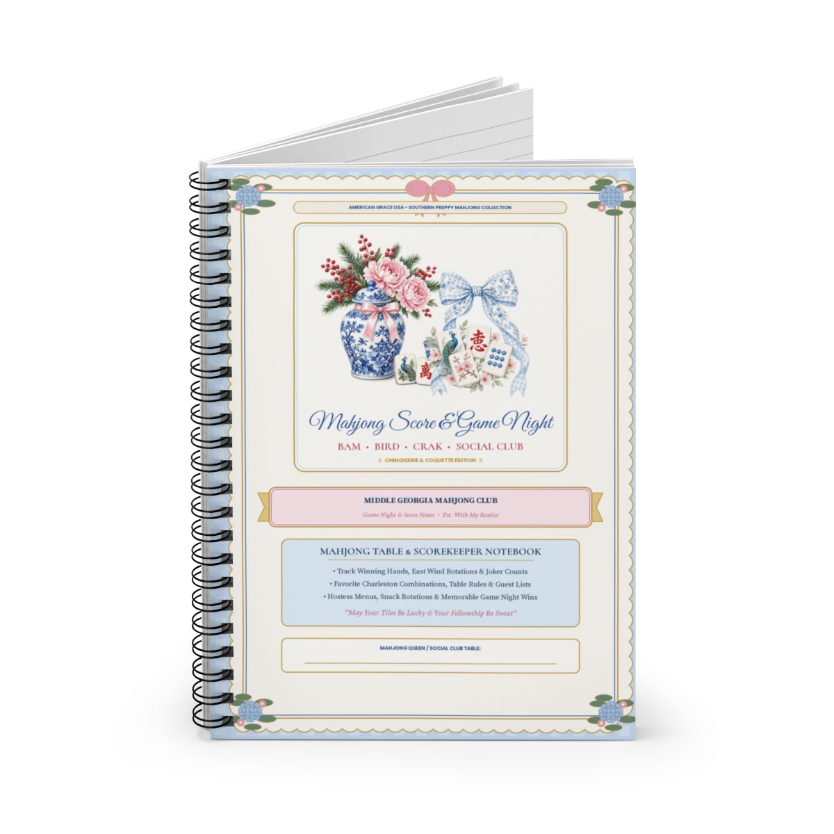 Personalized Mahjong Score & Game Night Journal — Angled Upright Hardcover Spiral Notebook View