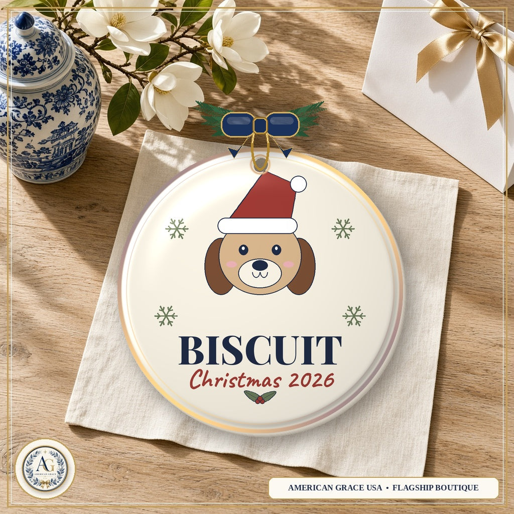 Personalized Dog Ornament 2026 — Heirloom Glazed 3D Porcelain Ornament on American Grace USA Flagship Oak Table