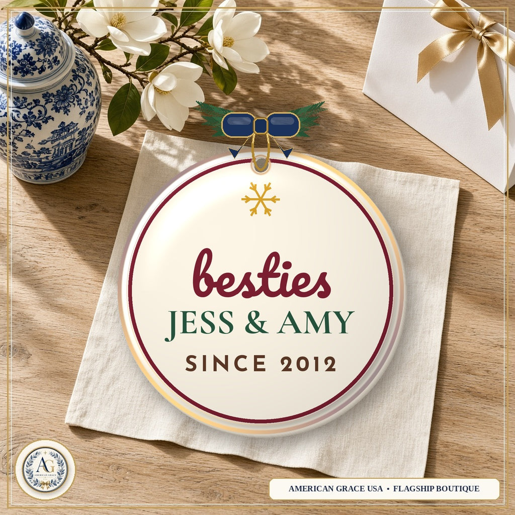 Personalized Besties Since Ornament — Heirloom Glazed 3D Porcelain Ornament on American Grace USA Flagship Oak Table