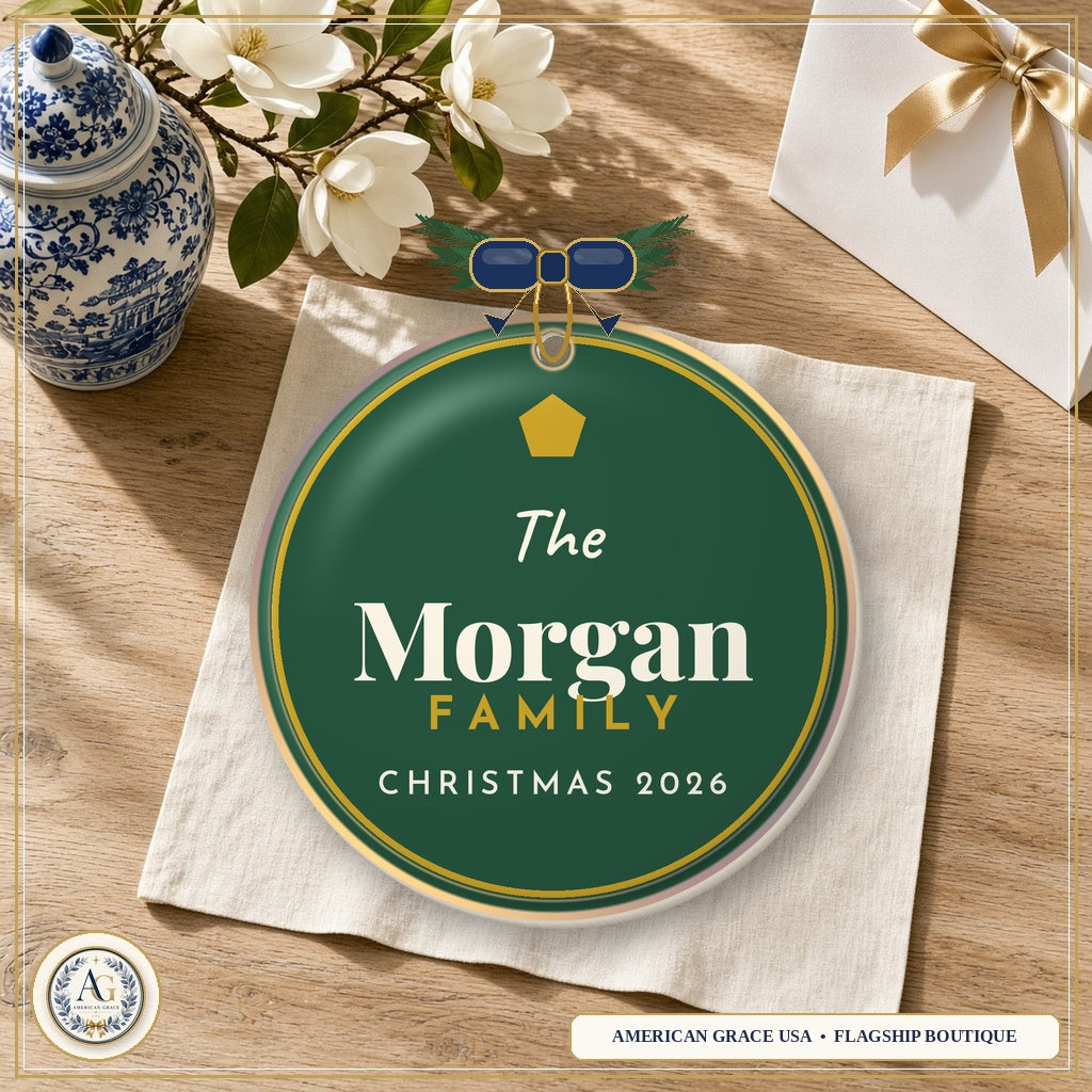 Personalized Family Christmas Ornament 2026 — Heirloom Glazed 3D Porcelain Ornament on American Grace USA Flagship Oak Table