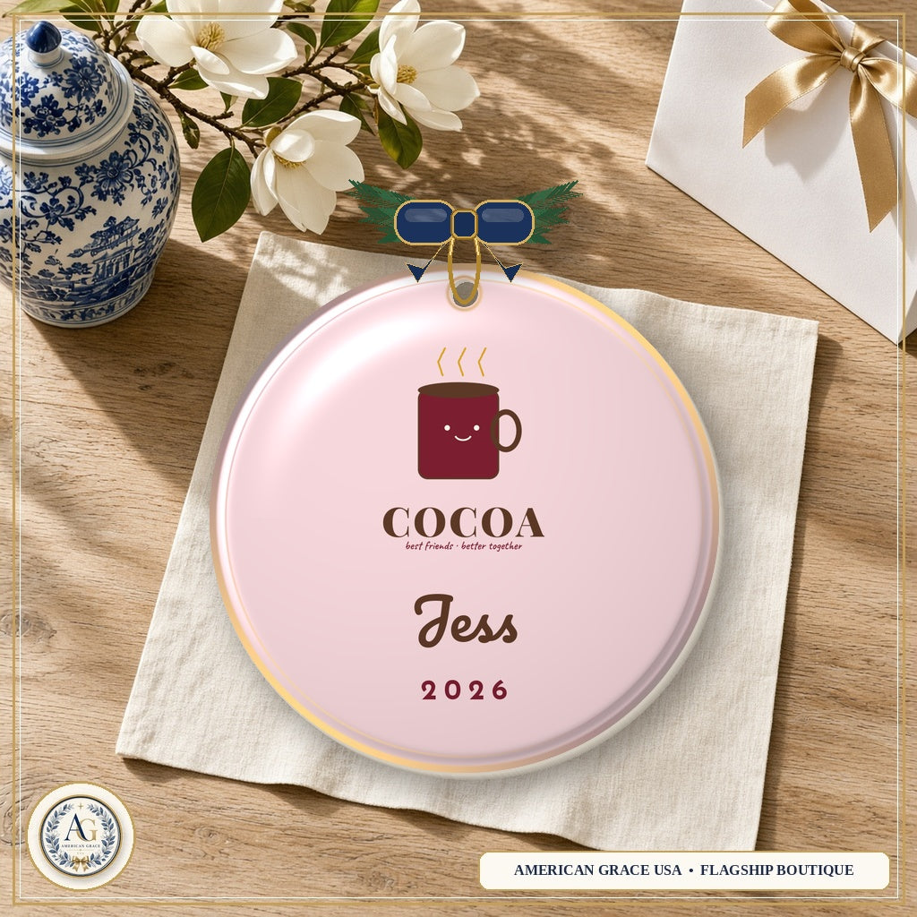 Cocoa and Marshmallow Ornament — Heirloom Glazed 3D Porcelain Ornament on American Grace USA Flagship Oak Table