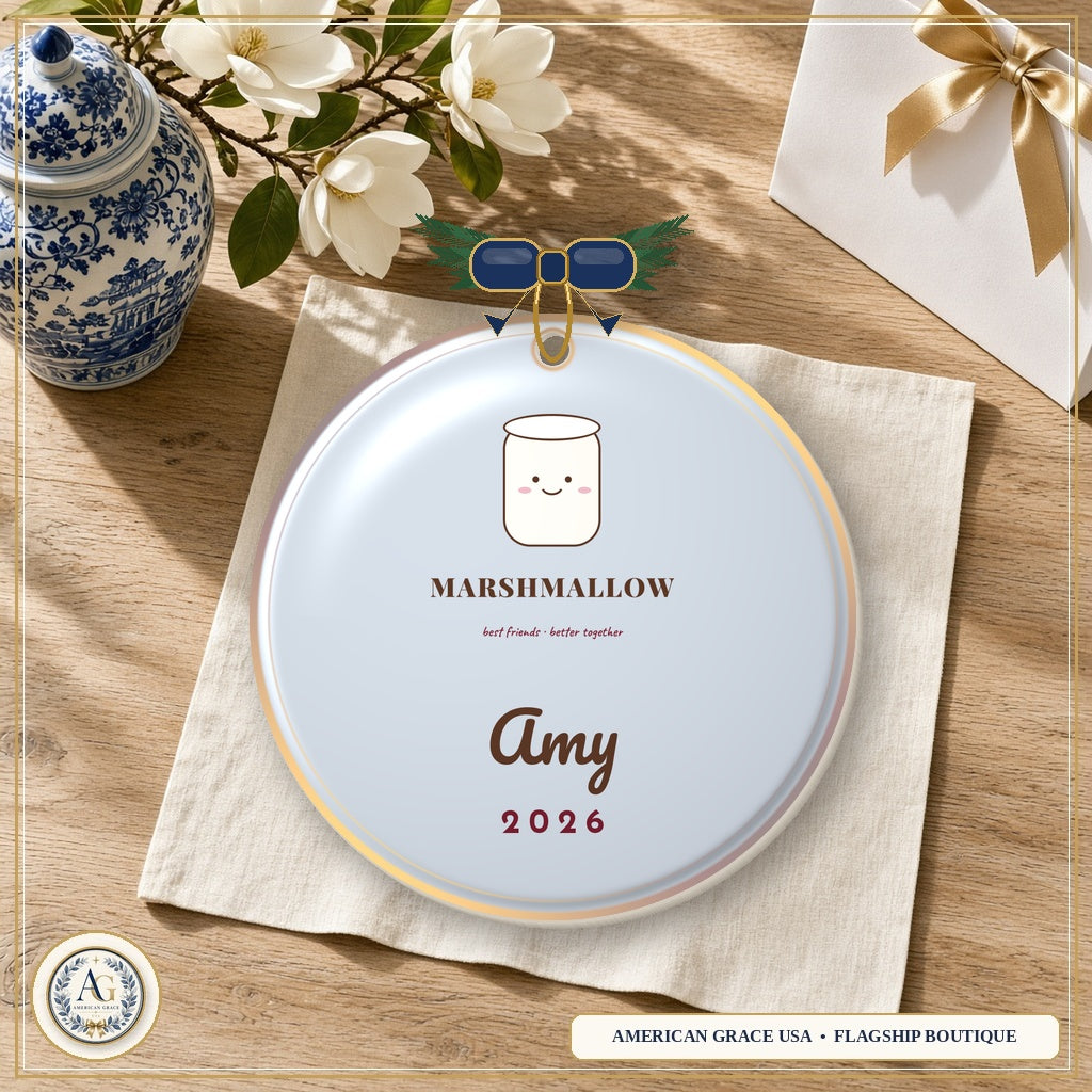 Cocoa and Marshmallow Ornament — Heirloom Glazed 3D Porcelain Ornament on American Grace USA Flagship Oak Table