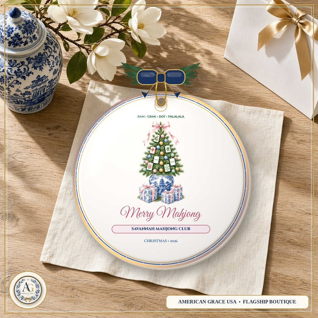 Personalized Merry Mahjong Chinoiserie Ginger-Jar Tree — Heirloom Glazed 3D Porcelain Ornament on American Grace USA Flagship Oak Table