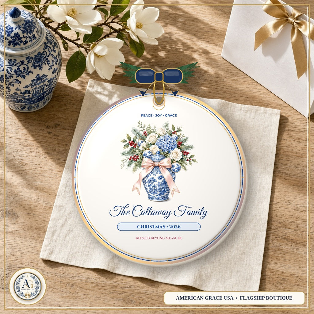 Personalized Family Name Blue & White Chinoiserie Ginger Jar — Heirloom Glazed 3D Porcelain Ornament on American Grace USA Flagship Oak Table