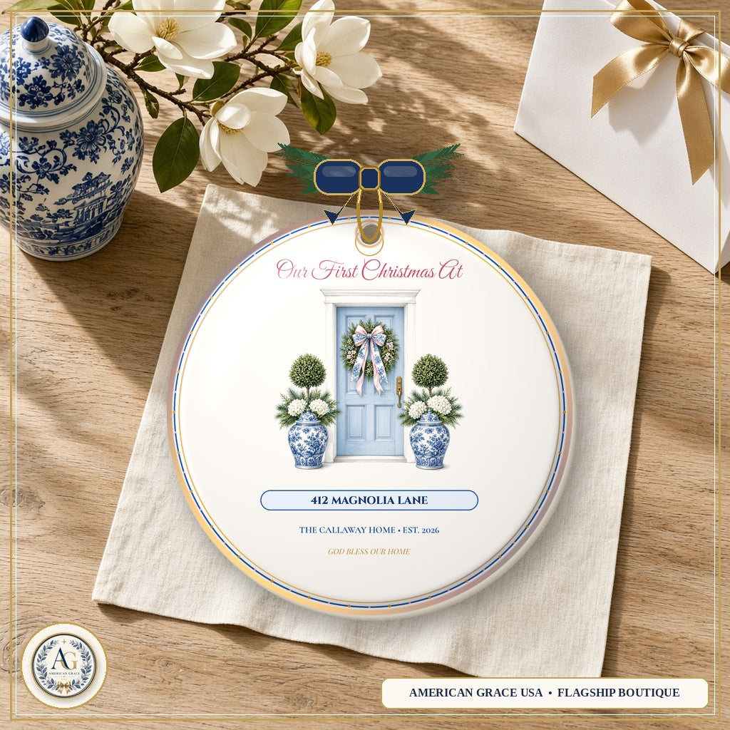 Personalized Our First Christmas Chinoiserie Doorway — Heirloom Glazed 3D Porcelain Ornament on American Grace USA Flagship Oak Table