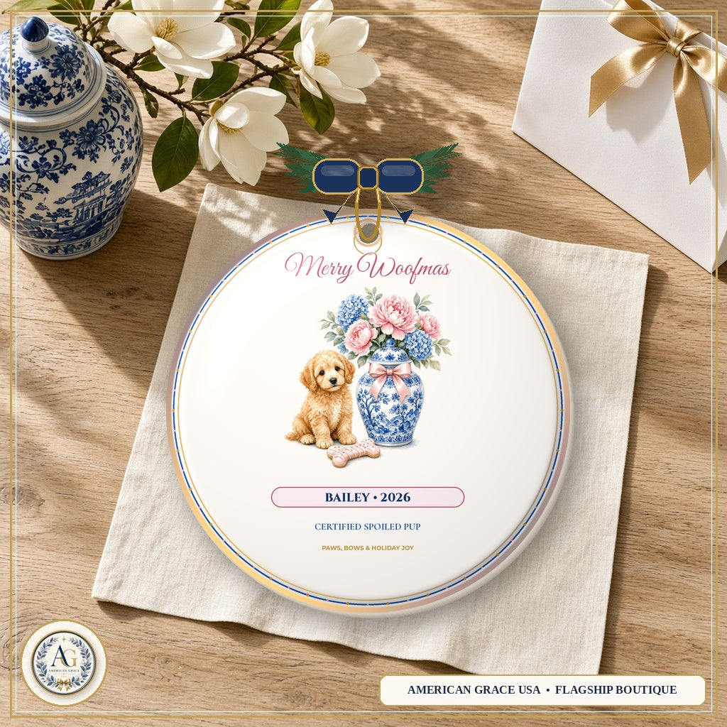 Personalized Merry Woofmas Golden Doodle — Heirloom Glazed 3D Porcelain Ornament on American Grace USA Flagship Oak Table