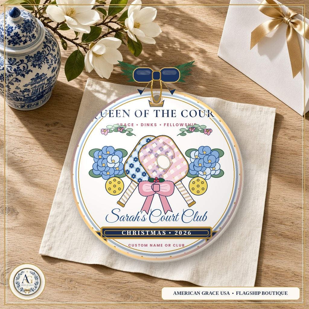 Personalized Queen of the Court Pickleball — Heirloom Glazed 3D Porcelain Ornament on American Grace USA Flagship Oak Table
