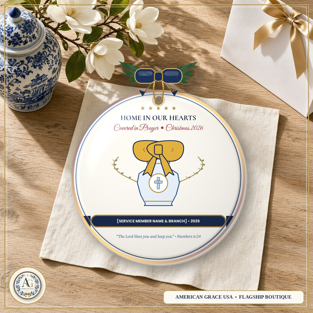 Personalized Home in Our Hearts Military Family — Heirloom Glazed 3D Porcelain Ornament on American Grace USA Flagship Oak Table