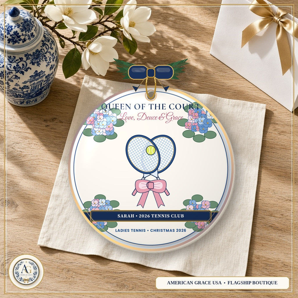 Personalized Queen of the Court Ladies Tennis — Heirloom Glazed 3D Porcelain Ornament on American Grace USA Flagship Oak Table