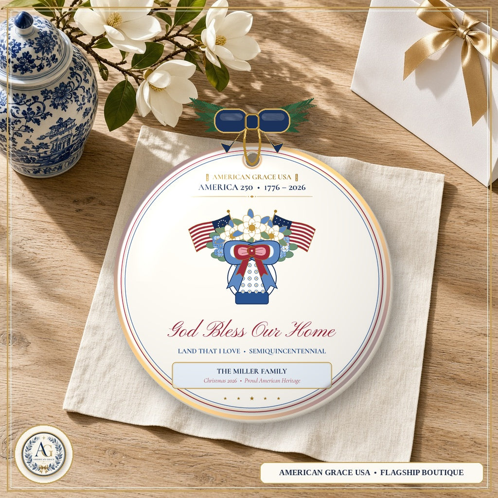 Personalized God Bless Our Home America 250 — Heirloom Glazed 3D Porcelain Ornament on American Grace USA Flagship Oak Table